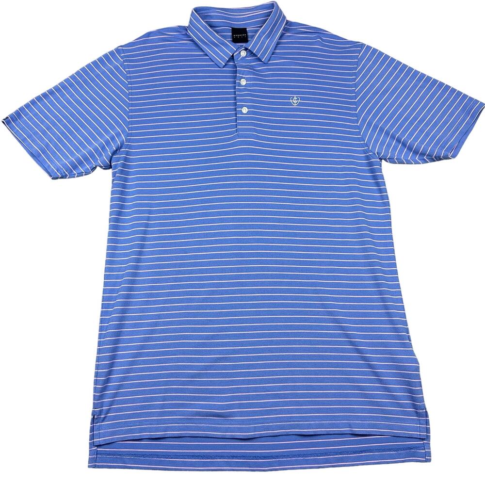 Dunning Golf Polo Shirt Mens L Blue Pink Striped Coolmax Modal Stretch Excellent